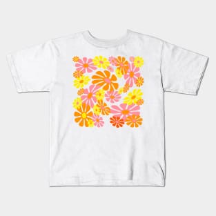 60's Retro Liquid Flowers in Orange, Yellow and Pink Kids T-Shirt